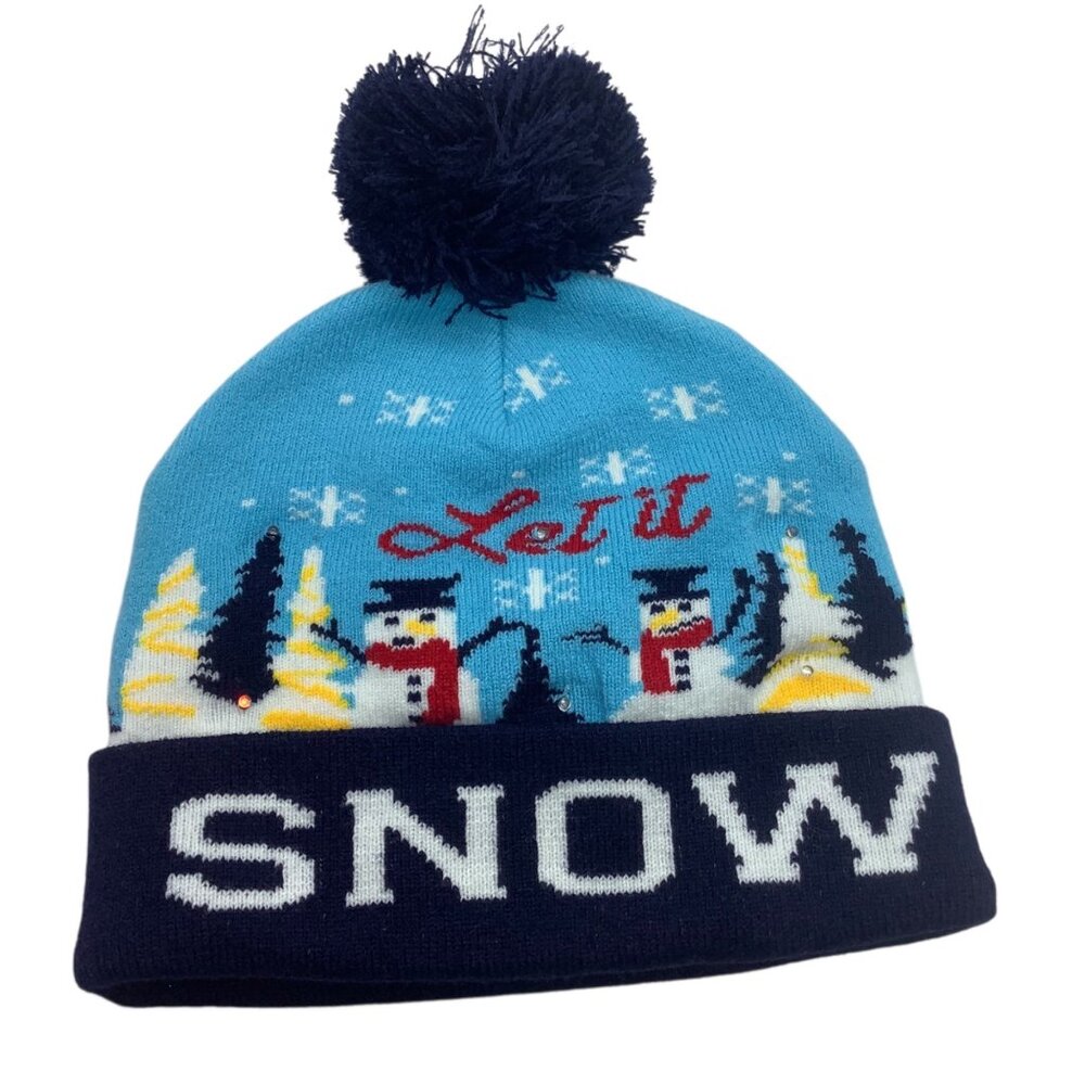 Let it Snow Snowmen Holiday Pom Winter Beanie LED Lights NWOT NEW One Size